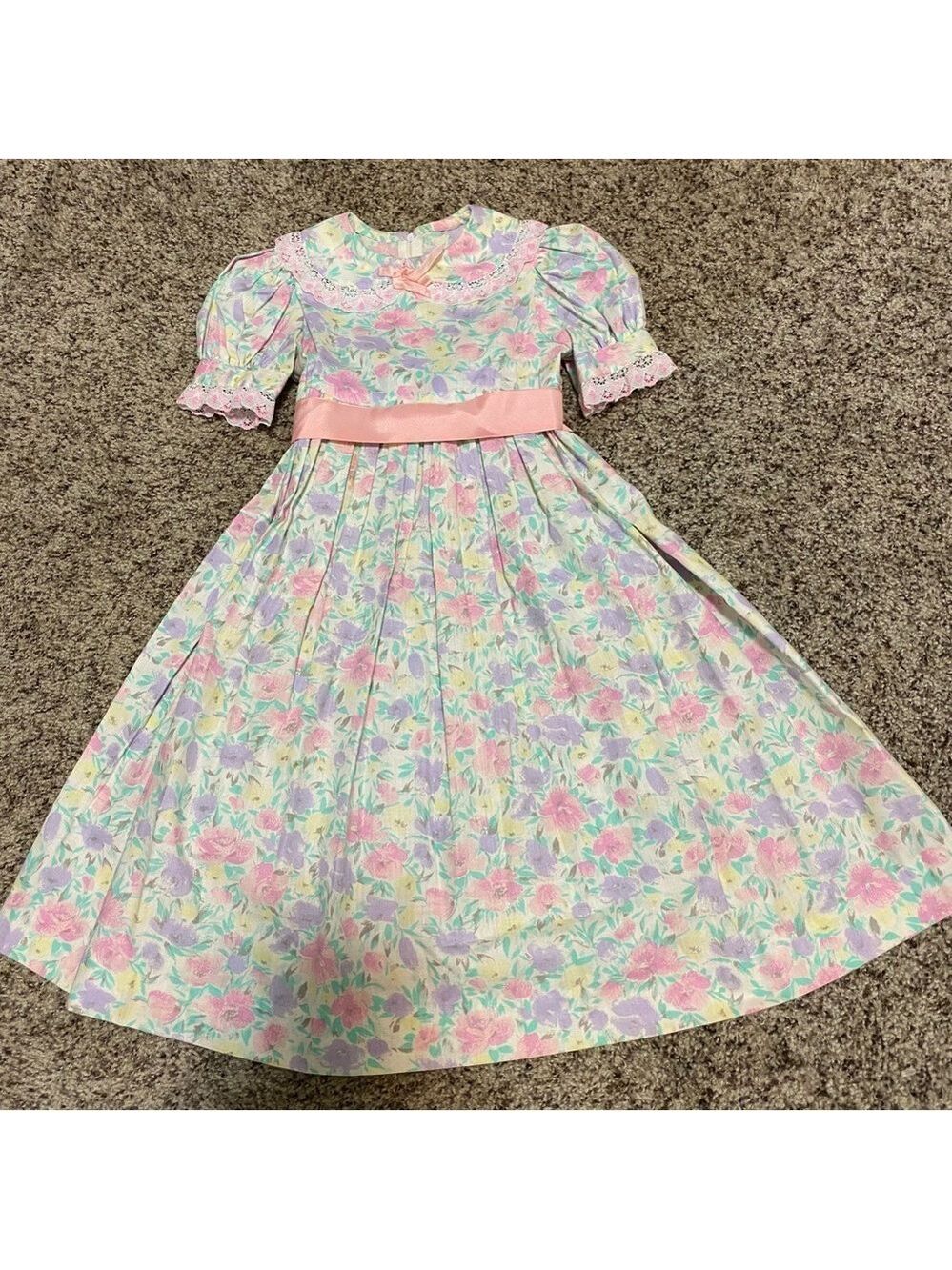 Vintage Little Girl Cotton Dress 80s 90s Floral Pink Purple Ribbon Tie - Picture 2 of 9